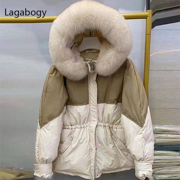 

parkas lagabogy 2021 new winter jacket women big real fox fur collar 90% white duck down coat female hooded short warm loose snow parka, Black