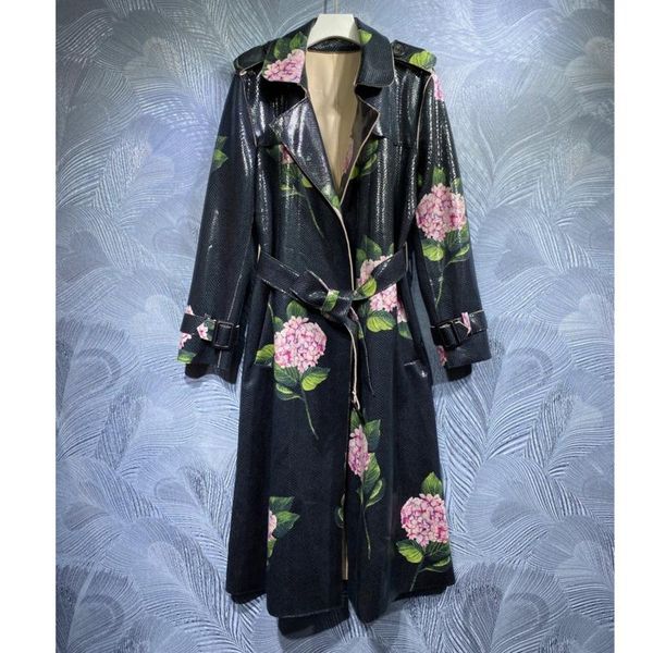 

raincoats gvuw women's clothing autumn winter new lapel printing belt imitation leather long windbreaker selling kb65123, Black