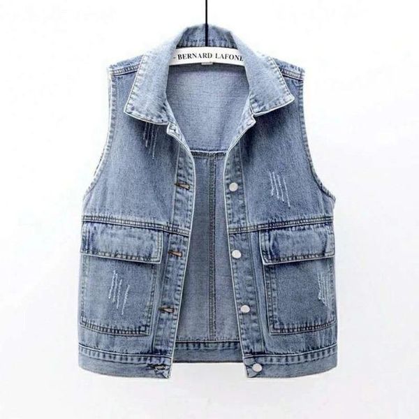

vests 5xl plus size women denim vest fashion ripped autumn blue jeans jacket sleeveless spring loose short coat causal waistcoats, Black;white