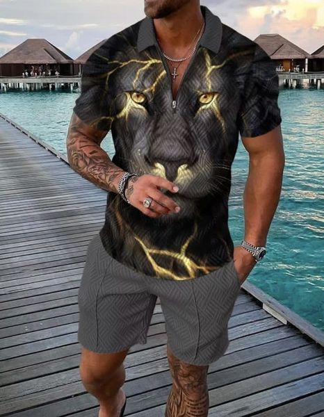 

men's tracksuits suit summer 3d printing digital casual color contrast polo zipper lapel shirt short sleeve 230421, Gray