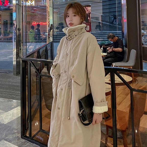 

leather winter parkas thicken ladies warm jacket korean loose lamb wool ladies coat solid color casual women parkas outwear streetwear, Black