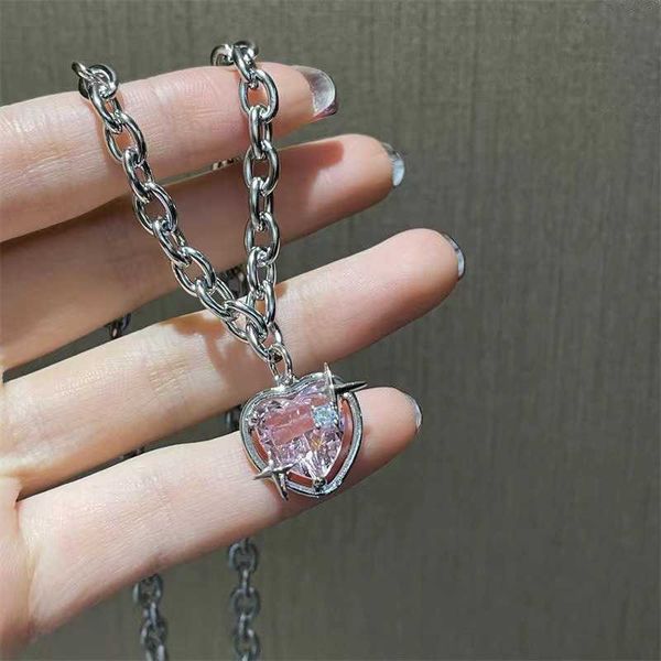 

pendant necklaces korean fashion pink heart zircon pendant necklace for women charm collar chain valentines day gift wedding party jewelry c, Silver