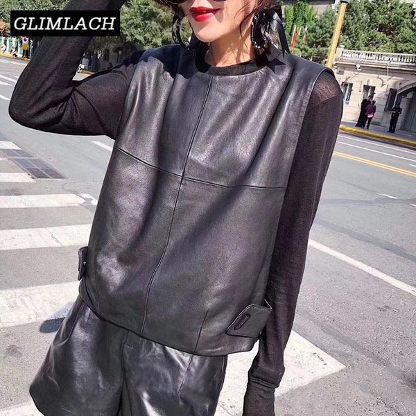 

vests women genuine leather waistcoat sheepskin loose fit pullover sleeveless jacket lady autumn short leather vest streetwear, Black;white