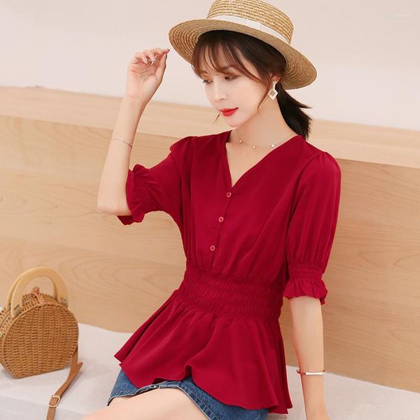 

women's blouses red white short sleeves chiffon blouse women v neck buttons elastic waist femme summer and