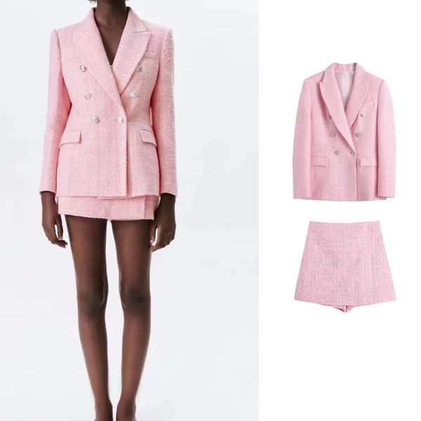 

pants za chic pink blazer office lady fashion 2022 plaid oversized long jackets women long sleeve double button pockets, White