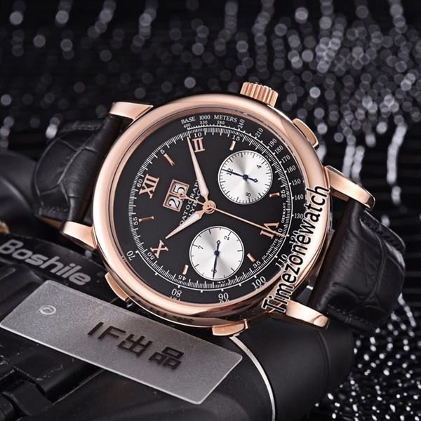 

new rose gold case gig dage datograph 403 041 black dial white subdial hand-winding automatic mens watch leather strap watches tim230i, Slivery;brown