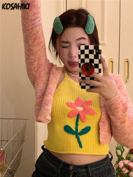 

tanks kosahiki flower printed crop knitted vest women summer harajuku cute basic 2022 slimfit halter camisole new y2k korean, Black;white