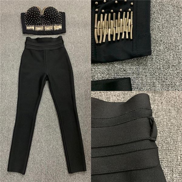 

pants woman bandage two pieces bodycon set shinny beading long bandage pants elegant black women's set, White