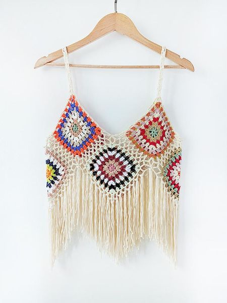 

t-shirt fitshinling boho summer crop women clothes patchwork handmade crochet spaghetti strap vintage slim fringe camisole, White