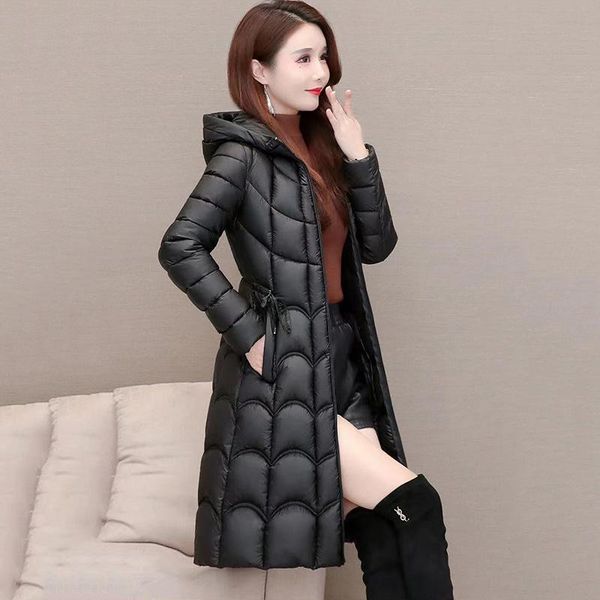 

leather long parka winter jacket women 2022winter coat female waterproof fashion new bright face loose hooded warm down cotton jacket, Black