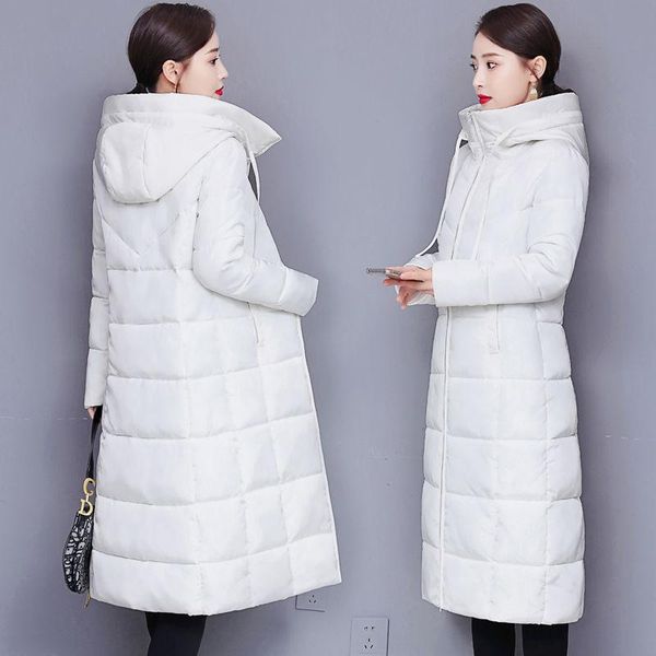 

leather winter coat women's padded jacket long plus size coat thickened padded jacket long over the knee casual hooded coat women, Black