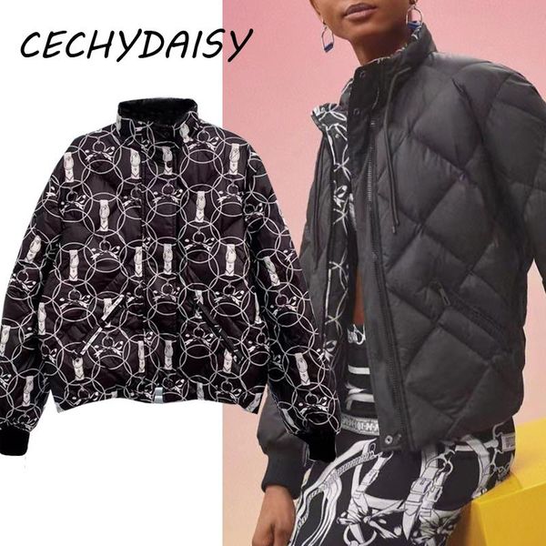 

leather winter parkas jackets women floral printed loose casual high street 2 side wear thick warm coats outwear traf clothing vetement, Black