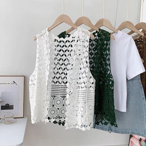 

vests boho beach holiday cover up lace vest crochet sleeveless waistcoat women open stitch short outwear chalecos para mujer, Black;white
