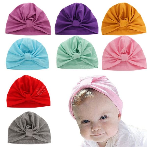 

fashion comfortable cotton newborn indian hat solid color handmade knotted baby beanie caps soft turban kids accessories, Yellow