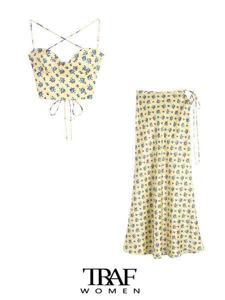 

t-shirt traf women fashion with ties printed cropped tank vintage backless adjustable thin straps female camisa mujer, White