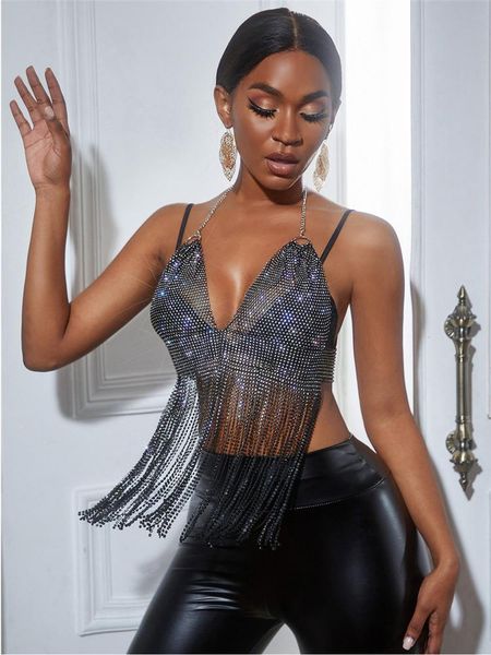 

t-shirt sruby tassel crop rhinestone halter corset crop women summer party tank clubwear backless see through women top, White