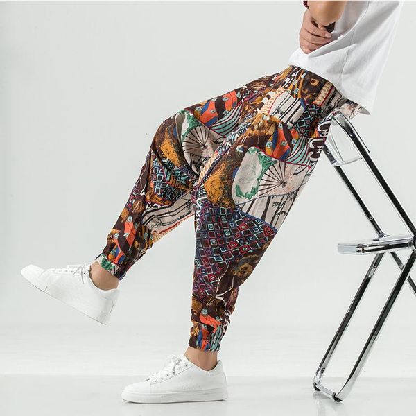 

pants mrgb chinese style cotton linen men's cross pants casual color contrast graphic male harem pants vintage loose trousers for men, Black
