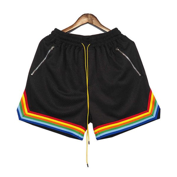 

designer clothing short casual rhude mesh drawstring shorts american high street fashion trend rainbow ribbon loose basketball capris couple, White;black
