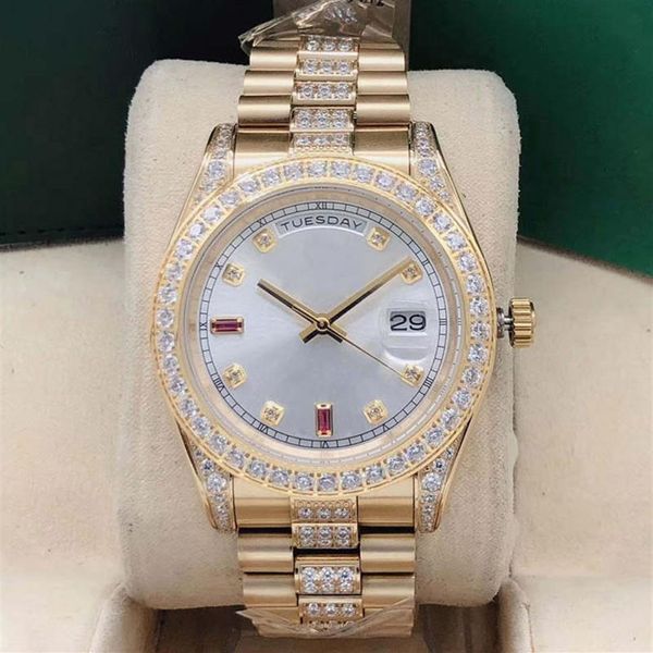 

fashion men's week calendar 41mm automatic mechanical watch row diamond stainless steel folding clasp waterproof238p, Slivery;brown