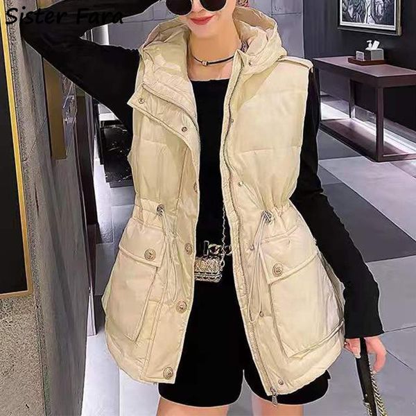 

vests sister fara 2022 winter glossy hooded vest women large size loose bodywarm down drawstring sleeveless cotton waistcoat female, Black;white