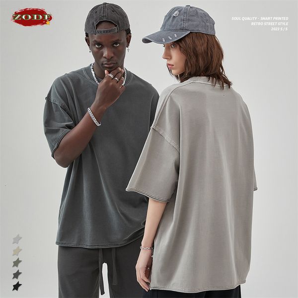 

mens tshirts zodf high street men batik washed solid t shirts summer loose edge noshrink 275gsm cotton tshirt streetwears hy0466 230420, White;black