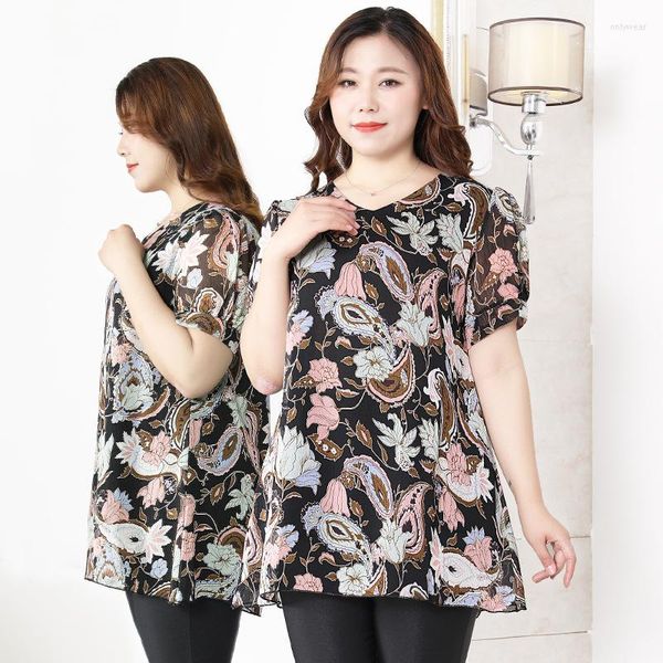 

Women's Blouses Elegant Summer Blouse Women Short Sleeve Loose Oversized Tops Floral Print Casual Chiffon Shirts  To 10XL Oversize Blusas, Black