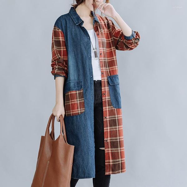 

Women's Blouses #3152 Spring Spliced Denim Plaid Shirts Women Loose Vintage Long For Retro Casual Jeans Female Sleeved, Picture color