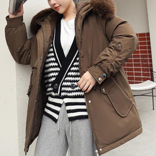 

leather 2022 cotton padded fur parka new big fur collar winter jacket women thick warm parkas female outerwear, Black