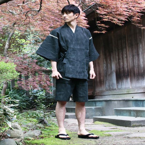 

summer 95% cotton japan style kimono pajamas sets for men male short sleeve sleep lounge sleepwear man kimono yukata a52511 t19101263q, Black;brown
