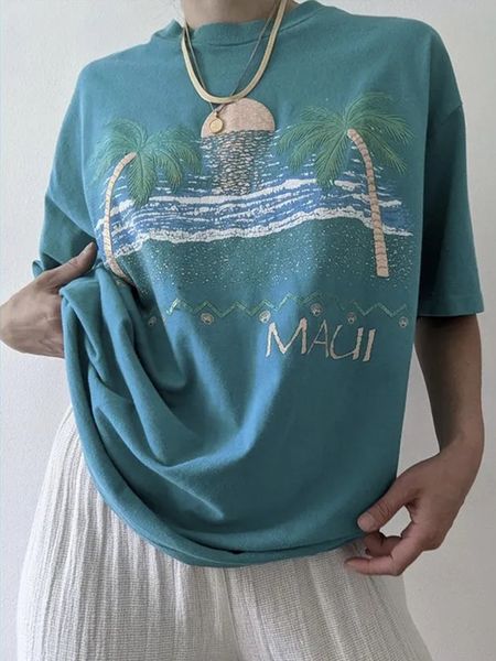 

women s t shirt retro water blue y2k coconut tree short sleeved t shirt women s summer loose oversized women 230420, White