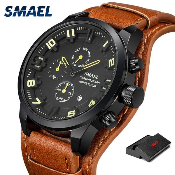 

2020 smael casual sport watches mens luxury military leather waterproof watch man clock sl-9076 fashion wristwatch relogio masculi259b, Slivery;brown