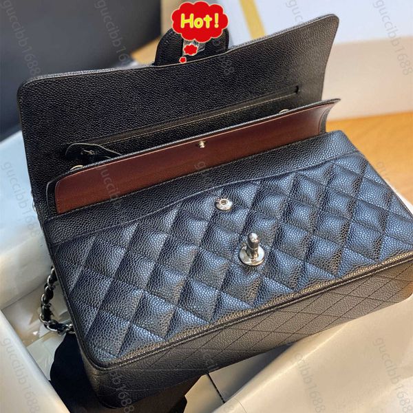 

10a mirror quality classic quilted double flap bag 25cm medium tier genuine leather bags caviar lambskin black purses shoulder chain box bag