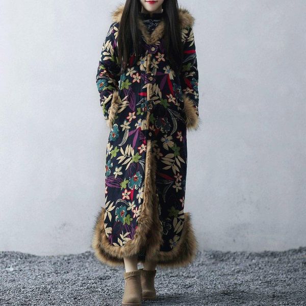 

leather women winter overcoat fur collar hooded loose vintage thicken cotton padded clothes warm side split long outerwear, Black
