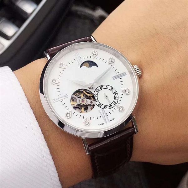 

2020 new fashion luxury mens brown black leather strap watches automatic mechanical movement watch men's diamond wristwatche2863, Slivery;brown