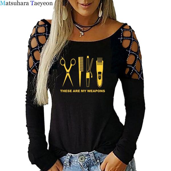 

t-shirt barber scissors weapon long sleeve t shirt women oneck woman's tshirt clothing hollowing out tees autumn spring, White