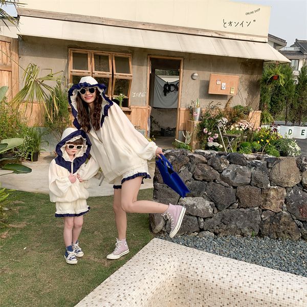 

family matching outfits parent-child wear female and women's summer suit korean style western style girls' summer hooded cardigan, Blue