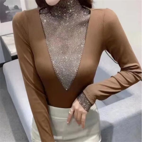 

t-shirt drilling tshirt for women turtleneck longsleeved female pullover winter base tee diamond cotton basic women's tshirt, White