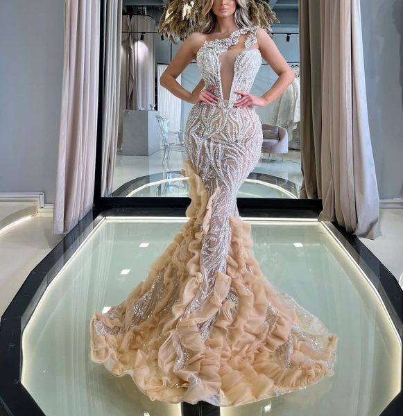 

luxury mermaid evening dresses sleeveless v neck one shoulder appliques sequins floor length pearls beaded folds prom dress formal gown plus, Black;red