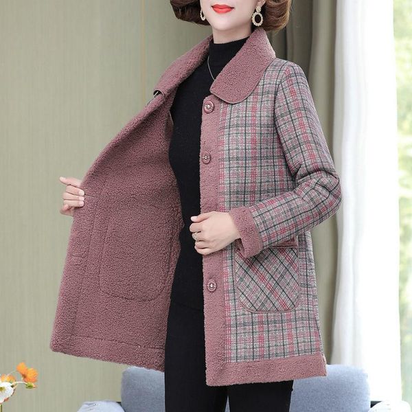 

leather middleaged mother's new splicing lamb velvet jacket 2022 autumn winter slim thick plaid coat short women's warm parkas out, Black