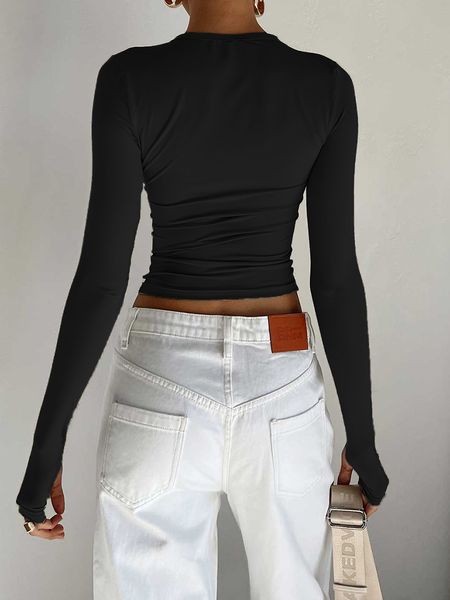 

women's t-shirt fashion women t-shirt long sleeve crew neck solid slim fit ladies crop with thumb holes for daily streetwear summer cam, White