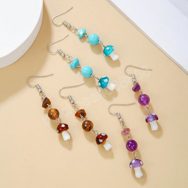

fashion stone mushroom dangle earring for women girls elegant colorful amethyst bead dangle earring gift jewelry, Silver