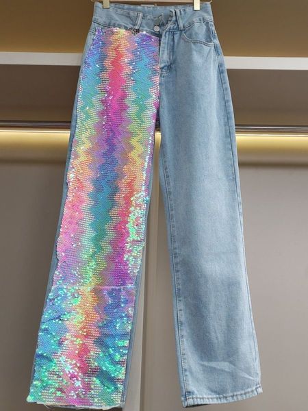 

women's jeans woman summer diamond sequined streetwear button patchwork jeans high waist korean loose straight leg wide leg trousers tr, Blue
