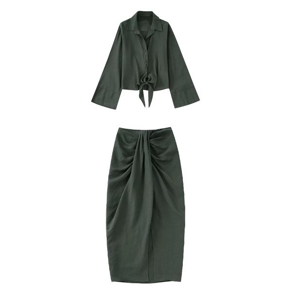 

dress zach aiisa's new women's linen blend knotted longsleeved lapel shirt + fashionable allmatch split knotted highwaisted skirt, White