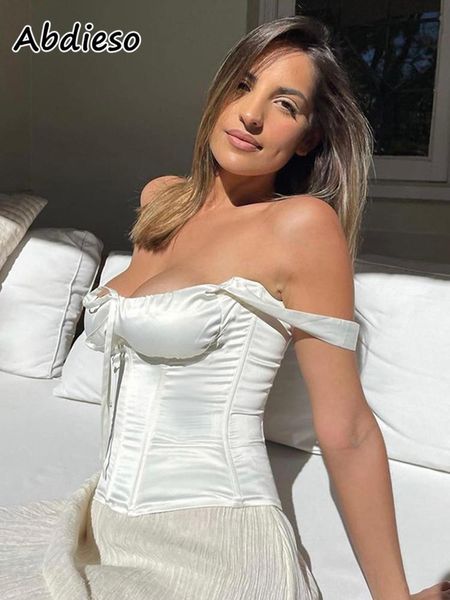 

tanks abdieso white off shoulder satin crop corset sleeveless black bandage backless 2022 summer tube tank women party, Black;white