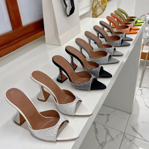 

amina muaddi high heel slippers fashion designer women sandals pointed toe open toe 9.5cm wine cup heels with satin rhinestone decoration ca, Black