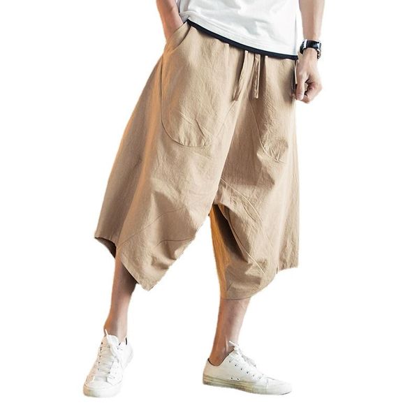 

pants men plus size casual harem pants vintage loose cotton linen wide leg pants men elastic waist pantalones trousers, Black