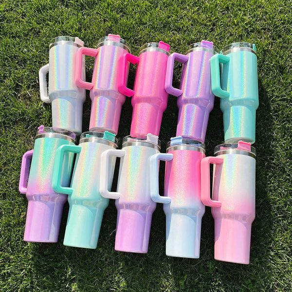 

sublimation 40oz glitter tumblers cup with handle lid and straw gradient color insulated car mugs stainless steel tumbler big capacity water