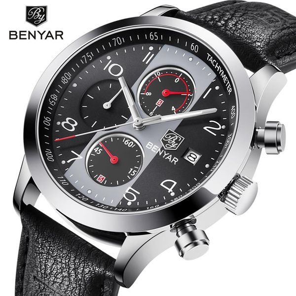 

benyar chronograph sport watches men waterproof brand retro leather quartz watch clock all dials work support drop grey227x, Slivery;brown
