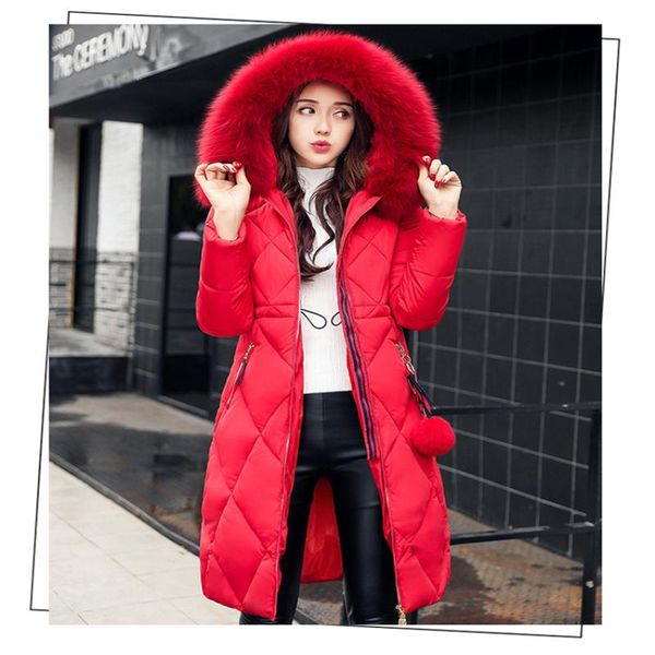 

leather new winter fashion women's clothing kneelength slim down cottonpadded jacket thick fur collar solid color cotton coat, Black