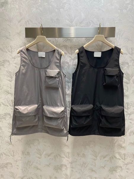 

runway casual dresses summer luxury o-neck sleeveless loose big pocket design casual fashion 2023 soild dress, Black;gray
